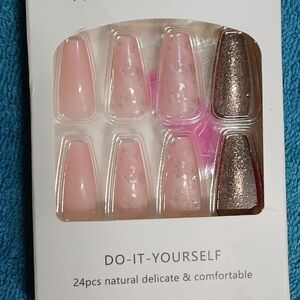 Pink gold glitter press on nails coffin shape 24 piece kit new